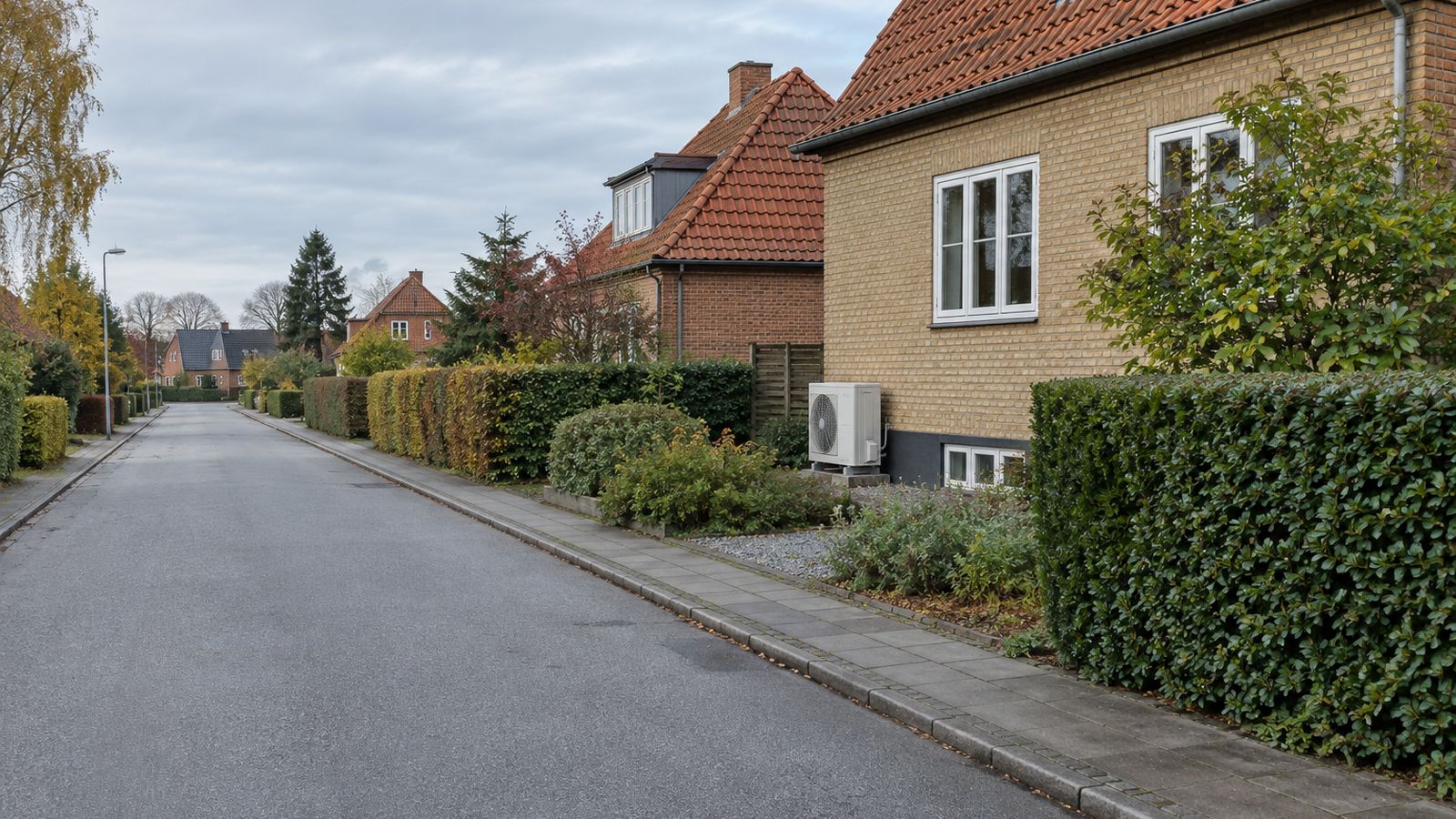 Dansk parcelhus med nyanlagt indkørsel i grå betonsten